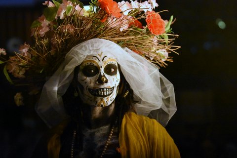 Woman with her face painted like a skull in Dia de Muertos makeup and a floral headdress