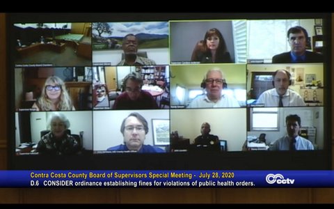 Virtual meeting with caption Contra Costa County Board of Supervisors Special Meeting - July 28, 2020. D.6 CONSIDER ordinance establishing fines for violations of public health orders.