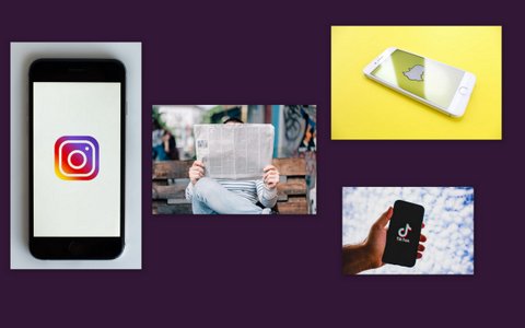 Phones with logos for Instagram, Snapchat (with yellow background) and TikTok (being held against blue sky) surrounding person sitting on bench with newspaper.