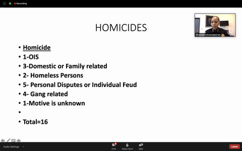 List that reads: Homicides; 1 OIS; 3 domestic or family related; 2 homeless persons; 5 personal disputes or individual feud; 4 gang related; 1 motive unknown; total 16