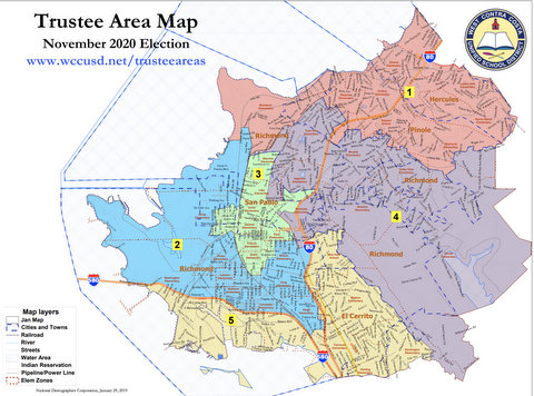 A color-coded map showing the West Contra Costa area and the school district's trustee areas.