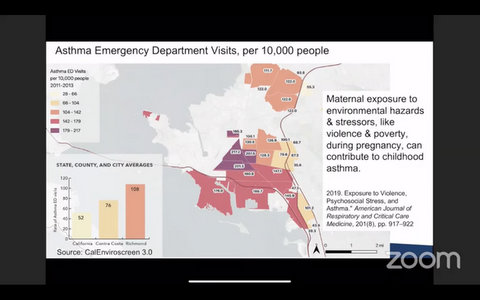 A map showing above-average rates of asthma emergency department visits per 10,000 people. Includes text that reads "Maternal exposures to environmental hazards & stressors, like violence & poverty, during pregnancy, can contribute to childhood asthma."