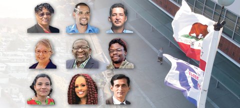 Headshots of the five men and four women running for Richmond City Council in a grid next to the California and Richmond flags.