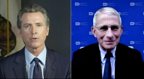 Split screen of Gov. Gavin Newsom and Dr. Anthony Fauci.