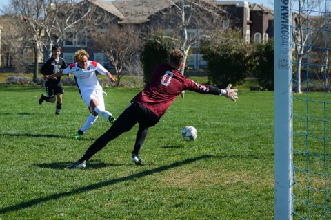 Soccer player shoots the ball as the goalie dives to his right.