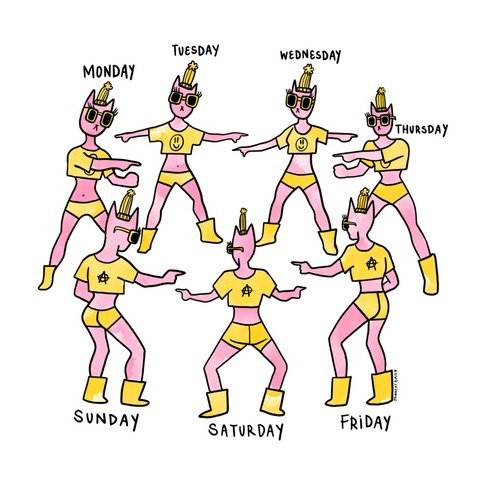 Seven humanlike pink cats in a circle pointing at each other, all dressed the same and labeled with a day of the week