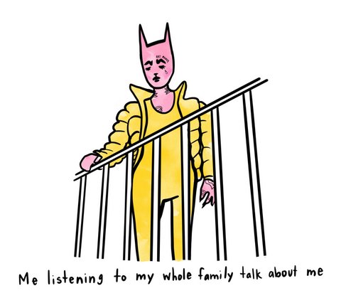 Humanlike pink cat in yellow clothing looking over a railing. Caption says: "Me listening to my whole family talk about me"