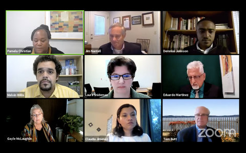 Nine people on Zoom in virtual meeting