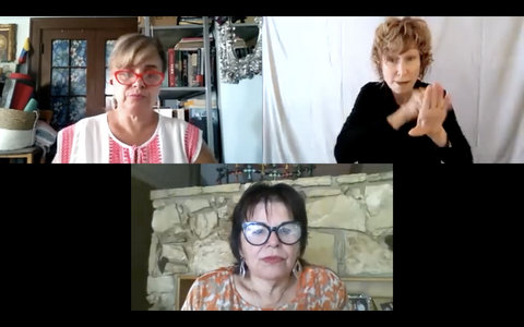 Three women in separate locations on a teleconference presentation