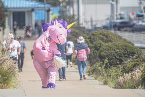 Woman in a pink unicorn costume with purple mane and hooves and yellow horn.
