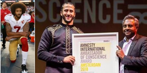 Side by side photos of Colin Kaepernick kneeling and standing with another man holding something that says "Amnesty International Ambassador of Conscience Award Amsterdam 2018"