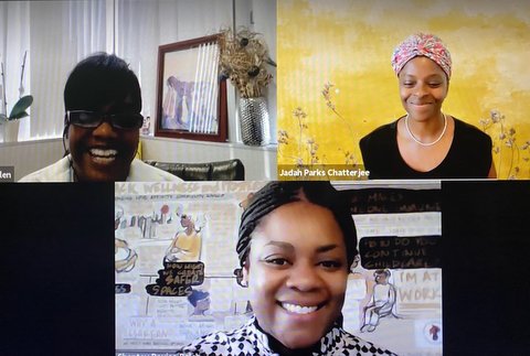 Three Black women in a virtual meeting