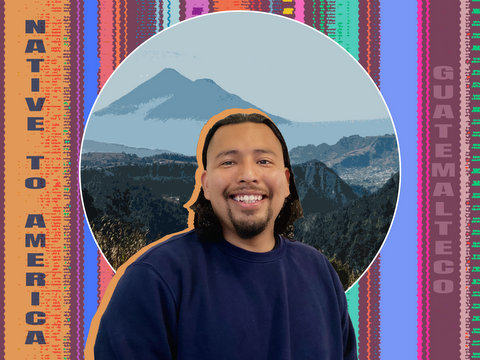 Composition with a smiling man, a mountainous illustration, a striped design and the words "native to America" and "guatemalteco"