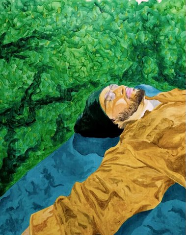 Painting of a young man lying on his back among greenery