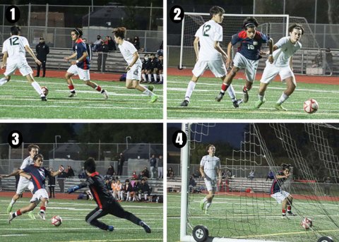 Grid of four images from a boys' soccer game showing a sequence of plays that led to a goal