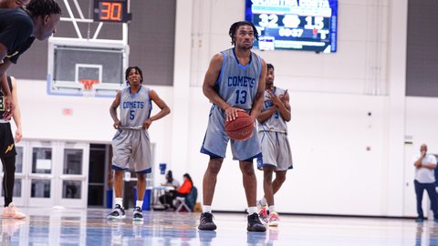 A basketball player prepares to shoot a free throw