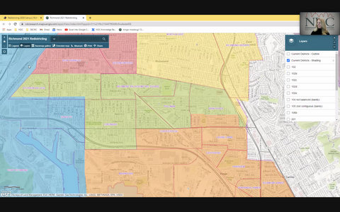 Map of the city of Richmond, California, with voting districts in different colors