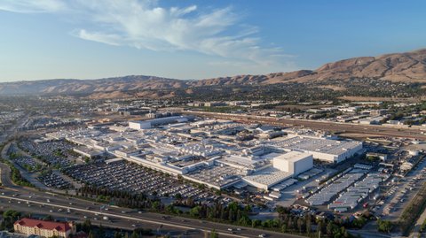Aerial view of the Tesla factory and surrounding environment in Fremont, California
