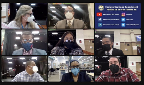 Screenshot of eight people in a meeting, all wearing masks