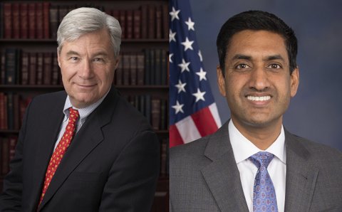 Side-by-side photos of two men in suits. One is white, and the other is of Indian descent.
