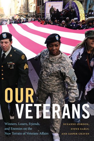 Our Veterans book cover with photo of three soldiers with a large U.S. flag extending horizontally aloft behind them