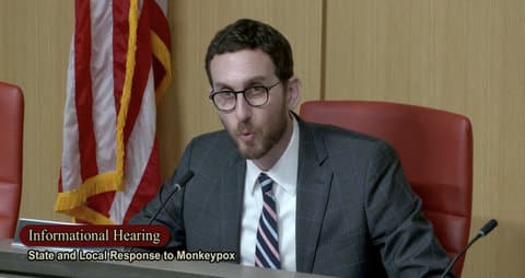 Screenshot of state Sen. Scott Wiener superimposed with text that reads "informational hearing state and local response to monkeypox"