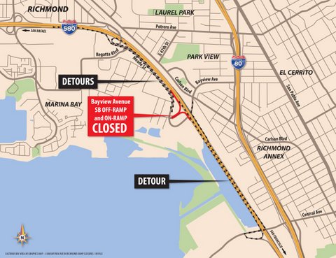Map showing location of closed freeway ramps and detours