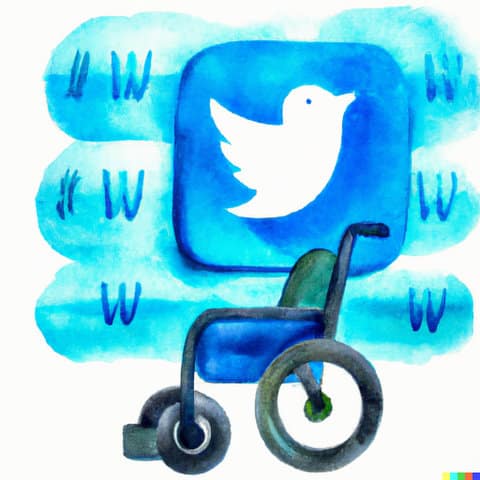Illustration showing the Twitter logo and a wheelchair