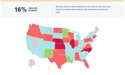 Map of the U.S. with text that reads districts with the most students of color receive 16% less state and local revenue that districts with the fewest students of color.