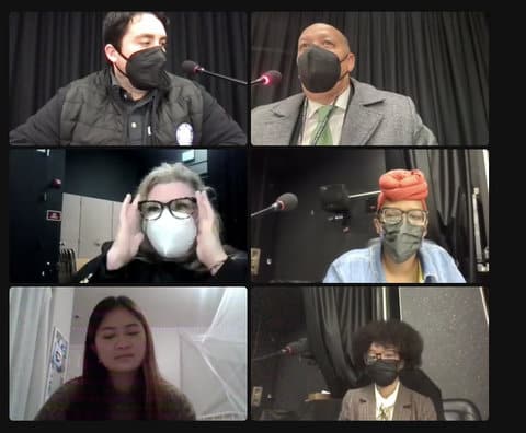 Six people in virtual meeting. Five are wearing masks.