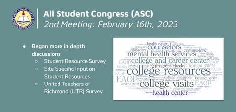 All Student Congress 2nd meeting: February 16th, 2023. Began more in-depth discussions. Student resource survey. Site specific input on student resources. United Teachers of Richmond survey.
