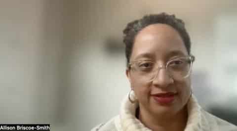 Head-and-shoulders shot of a Black woman on a Zoom video call. A chyron identifies her as Allison Briscoe-Smith.