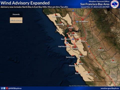 Wind advisory expanded. Advisory now includes North Bay and East Bay Hills: Monday p.m. thru Tuesday afternoon. Map shows wind advisory for much of coastal California from around Cloverdale to south of Big Sur.