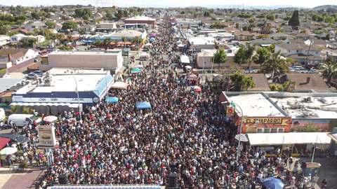 Aerial view of a crowd of thousands of people extending down a city street