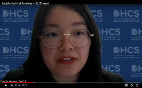 Screenshot of a young Asian woman in front of a blue backdrop that says DHCS California Department of Health Care Services on it multiple times.