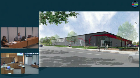 Screenshot of a government meeting showing two views of the meeting itself and a rendering of a building that says Discovery Homes Dream Courts