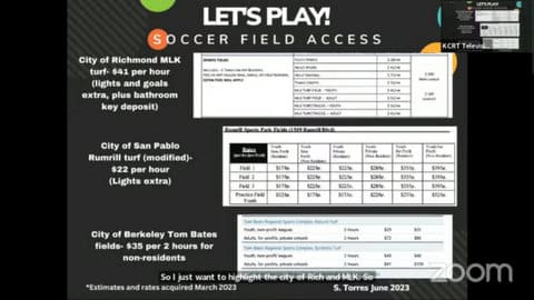 Let's play! Soccer field access. City of Richmond MLK turf $41 per hour, lights and goals extra plus bathroom key deposit. City of San Pablo rum rill turf modified, $22 per hour, lights extra. City of Berkeley Tom Bates fields $35 per two hours for non-residents. Estimates and rates acquired March 2023. S. Torres June 2023.