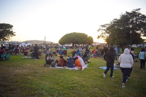 Crowd of people walking or sitting on blankets on grass