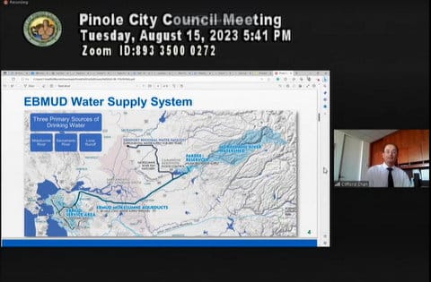 Pinole City Council meeting, August 15, 2023. EB mud water supply system. Three primary sources of drinking water: Mokelumne River, Sacramento River, local runoff. Map zoomed in on a section of Northern California. Alongside a man identified on Zoom as Clifford Chan.