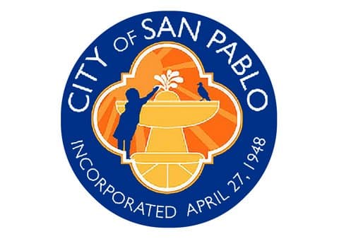Logo with illustration of a child reaching up to a fountain that has a bird sitting on it with text that reads city of San Pablo incorporated April 27, 1948