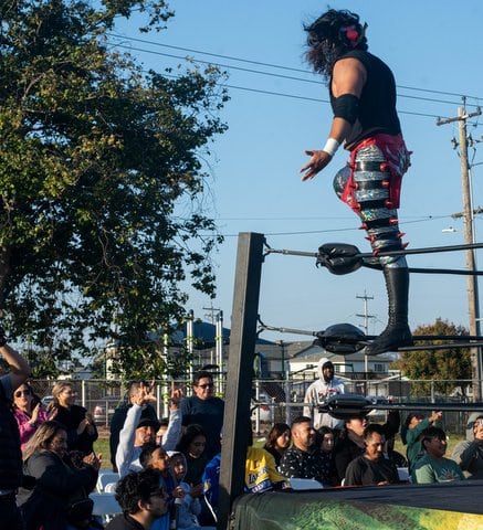 A wrestler wearing silver pants with black bands with red spikes on them stands on the ropes facing the crowd.
