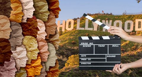 Fabric shapes of human heads in different colors, a film clapper and the Hollywood sign