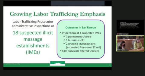 Growing Labor Trafficking emphasis. Labor trafficking prosecutor administrative inspections at 18 suspected illicit massage establishments. Outcomes in San Ramon: inspections at 4 suspected IMEs, 1 permanent closure, 1 business sold, 2 ongoing investigations (estimated fines over $2 million), 8 survivors offered services