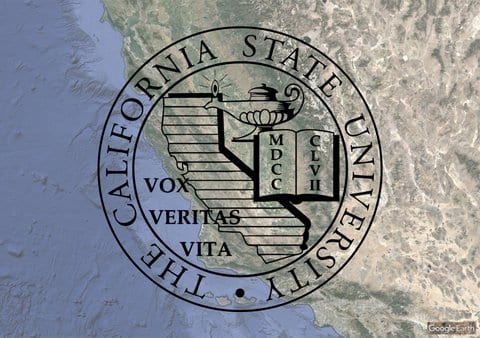 The California State University logo overlaying a physical map of the state of California