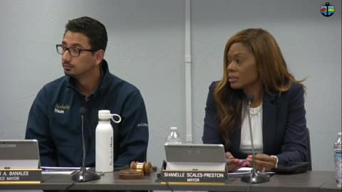 The vice mayor, a Latino man, and mayor, a Black woman, of Pittsburg, California, in a city council meeting